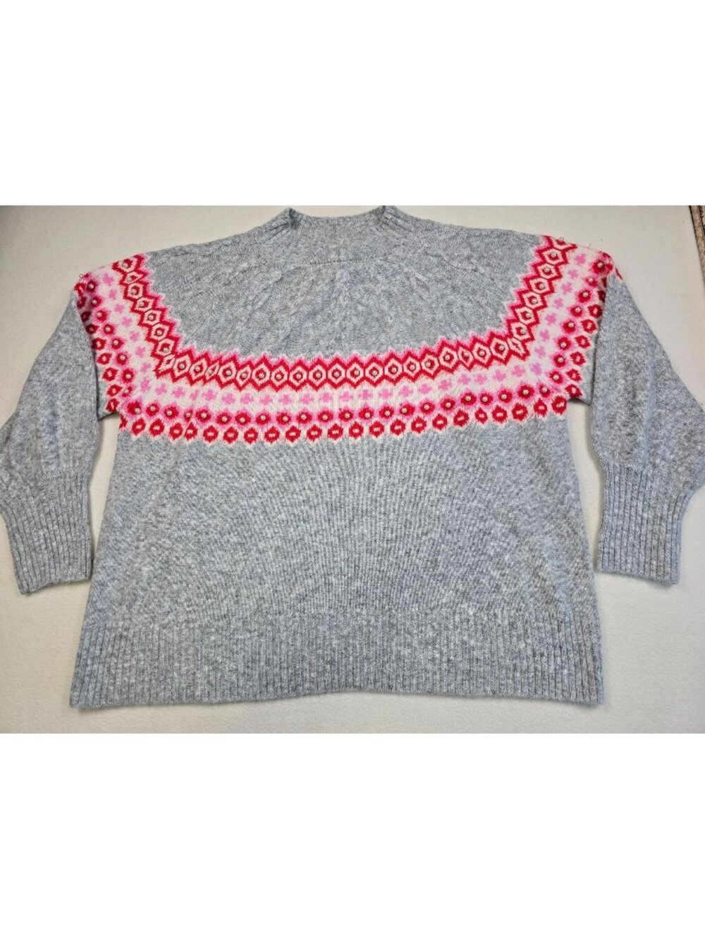 St Johns Bay Womens 2X Sweater Gray with Pink & Red Fair Isle Pattern Cozy Cabin